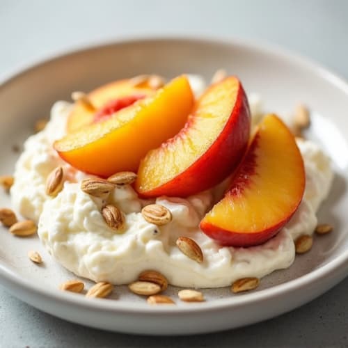 Cottage Cheese with Sliced Peaches and Sunflower Seeds