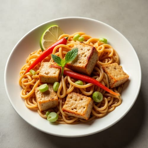 Creamy Peanut Sauce Rice Noodles with Crispy Tofu