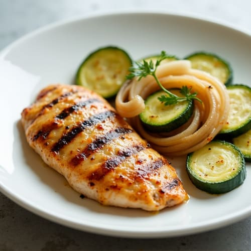 Grilled Chicken Breast with Sliced Zucchini and Roasted Onions