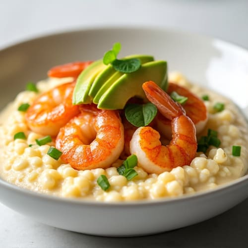 Creamy Cauliflower Grits with Spicy Garlic Shrimp