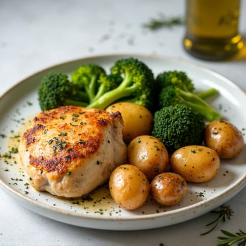 Herb-Roasted Chicken Thighs with Roasted Potatoes and Steamed Broccoli
