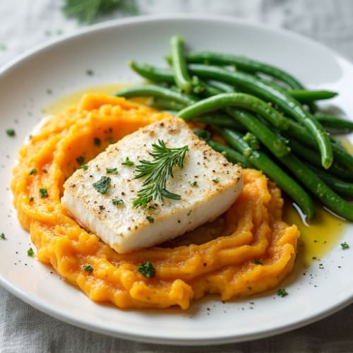 Herb-Baked Cod with Steamed Green Beans and Sweet Potato Mash