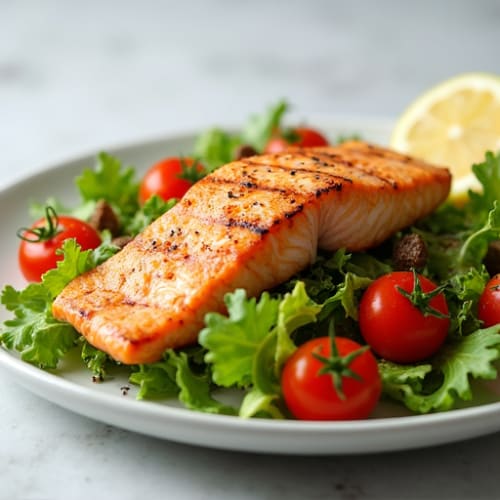 Grilled Salmon over Crisp Romaine and Cherry Tomatoes
