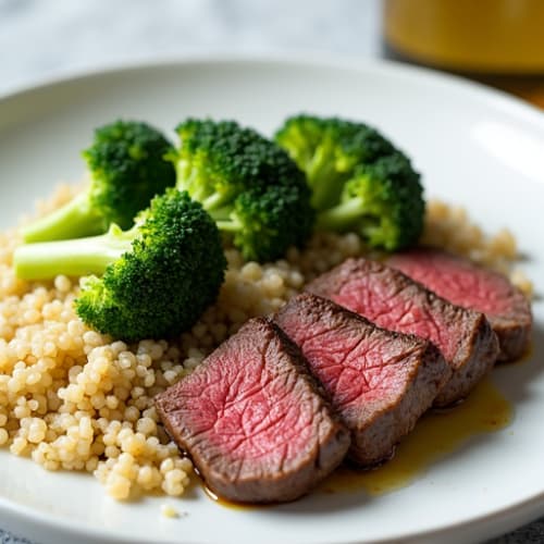 Seared Lean Beef with Steamed Broccoli and Quinoa