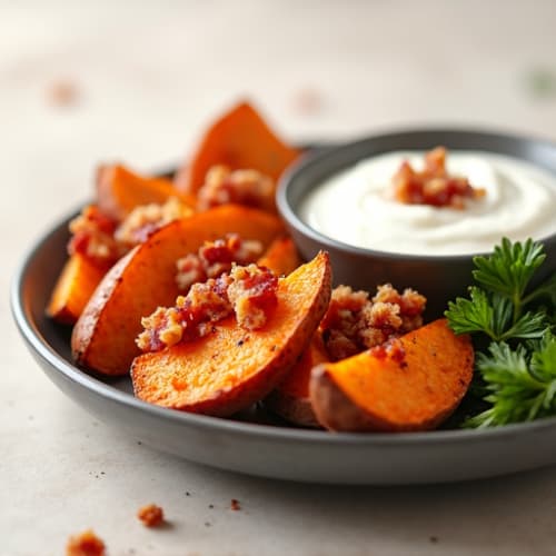 Crispy Sweet Potato Wedges with Turkey Bacon Crumbles
