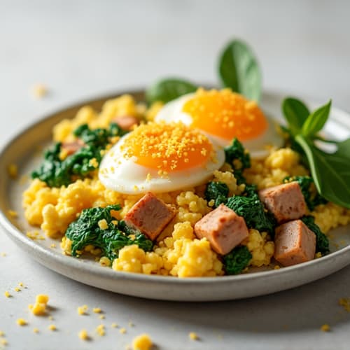 Scrambled Eggs with Smoked Turkey and Spinach