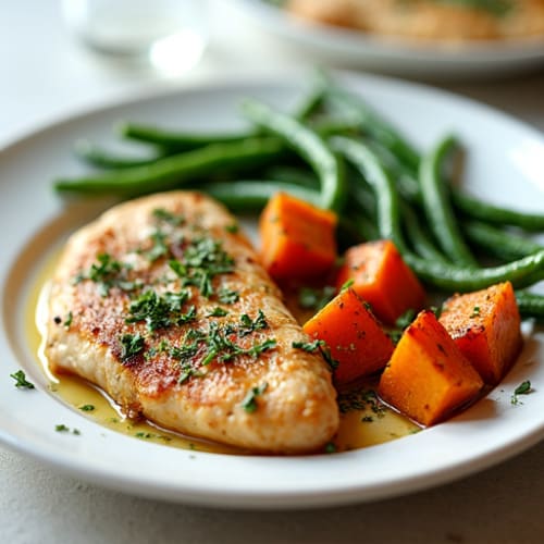Herb-Roasted Chicken Breast with Roasted Sweet Potatoes and Green Beans