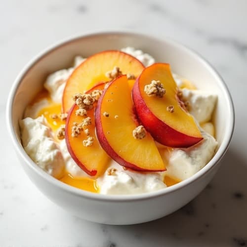 Cottage Cheese Bowl with Sliced Peaches and Honey Drizzle