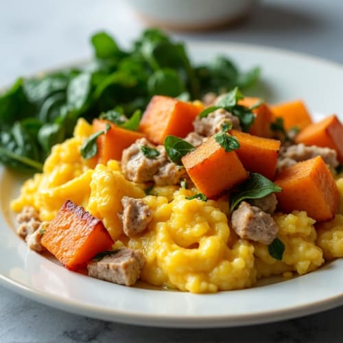 Scrambled Eggs with Roasted Sweet Potato, Spinach & Turkey