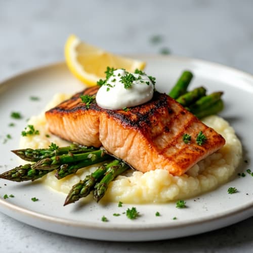 Seared Salmon with Roasted Asparagus and Cauliflower Mash