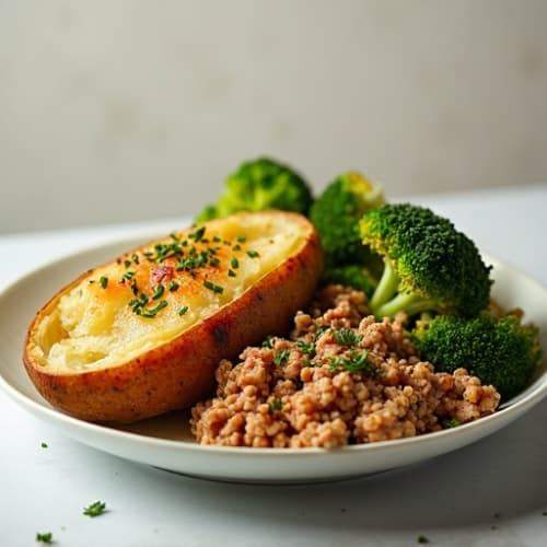 Crispy Baked Potato with Lean Ground Turkey and Roasted Broccoli