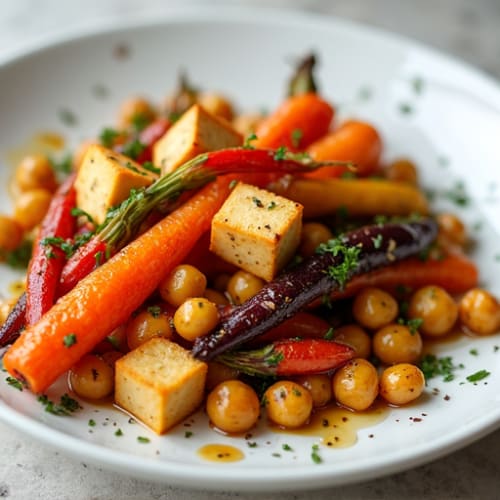 Honey-Maple Roasted Rainbow Carrots with Tofu and Chickpeas
