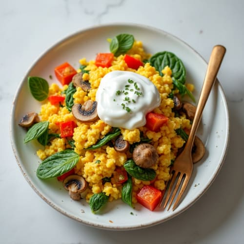Cheesy Vegetable Egg Scramble with Greek Yogurt