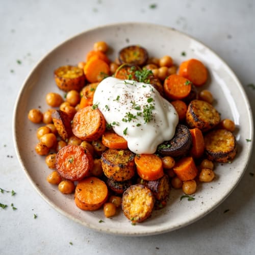 Honey-Maple Roasted Rainbow Carrots with Crispy Tofu & Greek Yogurt Drizzle