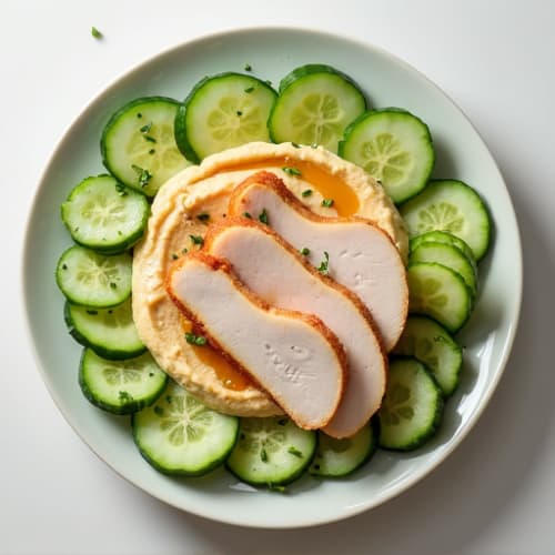Turkey Breast Slices with Sliced Cucumber and Hummus