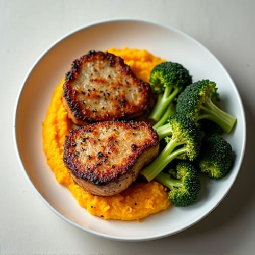 Seared Pork Chops with Butternut Squash Mash and Roasted Broccoli