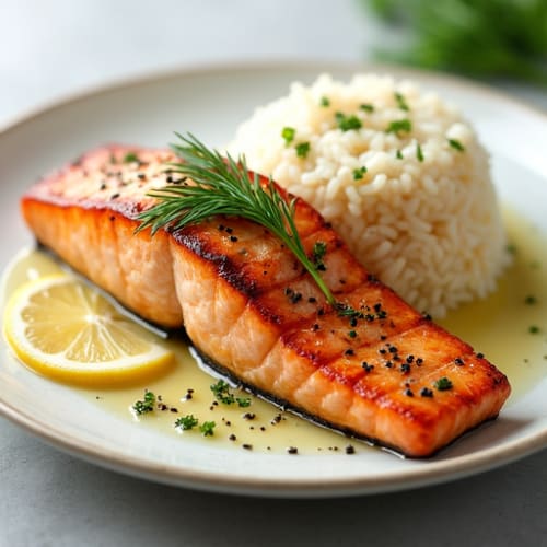 Lemon Herb Seared Salmon with Steamed Rice