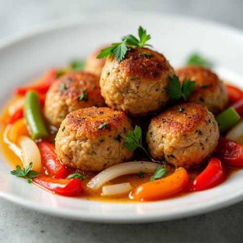Herb-Seasoned Chicken Meatballs with Sautéed Peppers and Onions