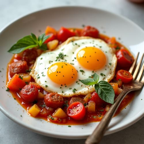 Spiced Tomato Poached Eggs with Bell Peppers