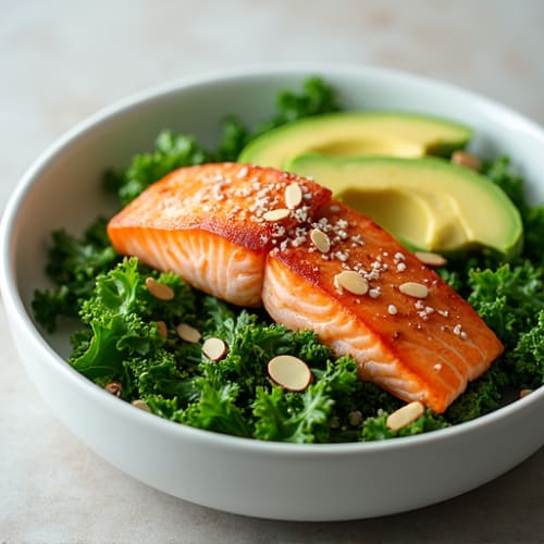 Seared Salmon over Kale Salad with Avocado