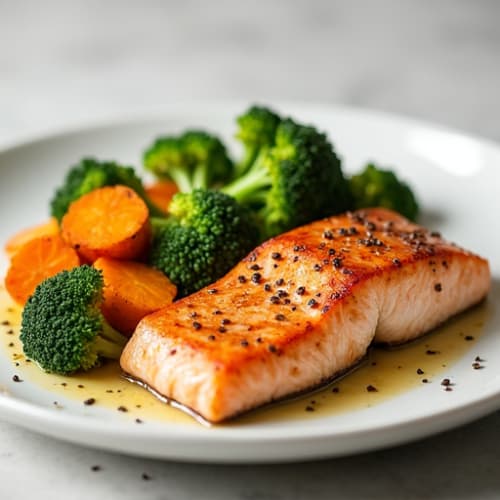 Seared Salmon with Roasted Sweet Potatoes and Steamed Broccoli