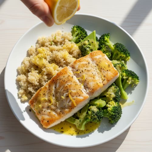 Seared Cod with Steamed Broccoli and Quinoa