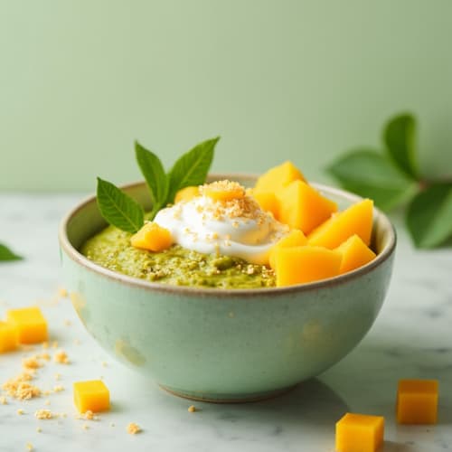 Silky Green Tea Chia Pudding with Fresh Mango
