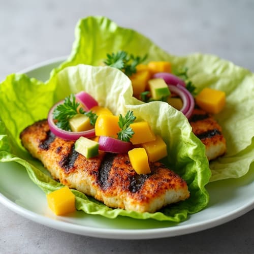 Grilled Fish Taco Lettuce Wraps with Mango Salsa