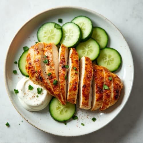 Grilled Chicken Breast Slices with Cucumber Spears