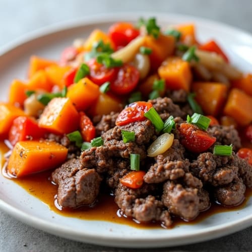 Herb-Seasoned Skillet Ground Beef with Roasted Sweet Potatoes