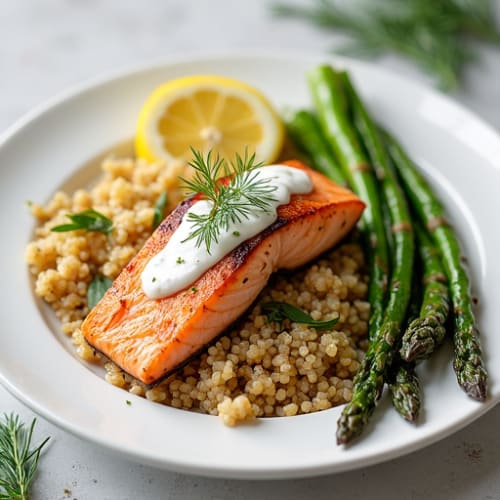 Seared Salmon with Quinoa, Roasted Asparagus & Lemon-Dill Yogurt Sauce