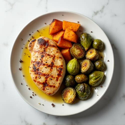 Seared Chicken Breast with Roasted Brussels Sprouts and Sweet Potato