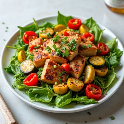 Grilled Tempeh Salad with Edamame and Roasted Vegetables