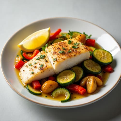 Baked Cod with Roasted Zucchini and Red Peppers