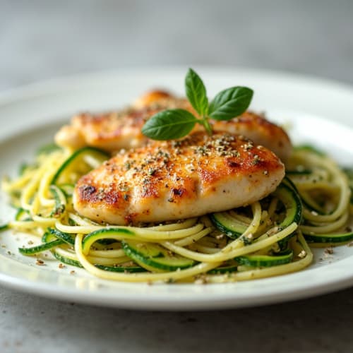 Garlic Parmesan Zucchini Noodles with Herb-Roasted Chicken