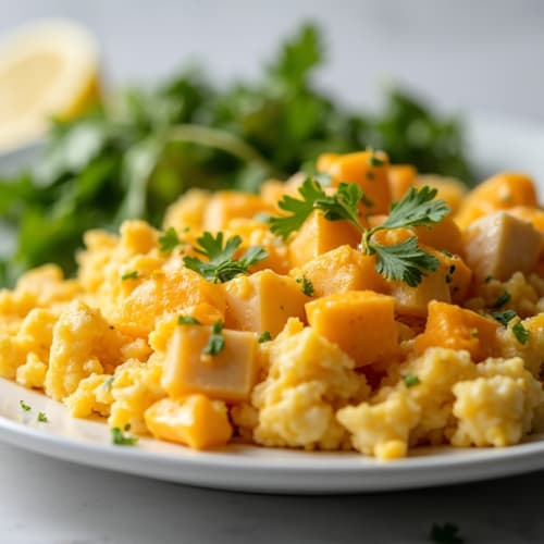 Cheesy Chicken and Potato Scramble with Fresh Salad