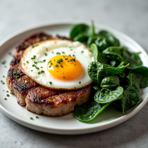Seared Steak and Eggs with Sautéed Spinach