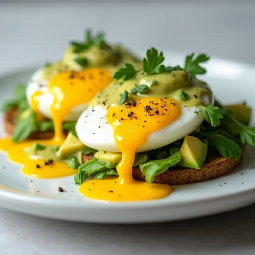 Herb-Poached Eggs with Creamy Avocado Hollandaise