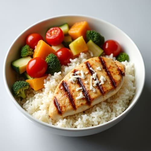 Grilled Chicken and Rice Bowl with Roasted Vegetables