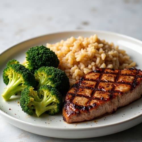 Grilled Steak with Roasted Broccoli and Brown Rice