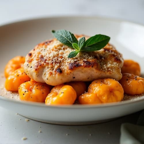Roasted Sweet Potato Gnocchi with Sage Brown Butter and Grilled Chicken