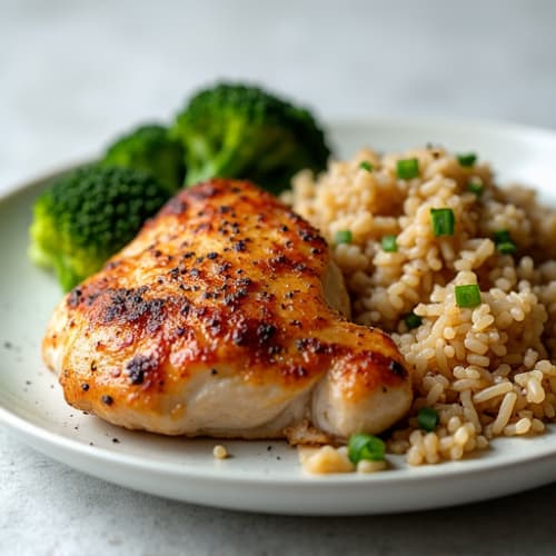 Seared Chicken Thighs with Steamed Rice and Roasted Broccoli