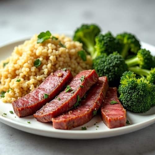 Seared Lean Beef Strips with Roasted Broccoli and Quinoa