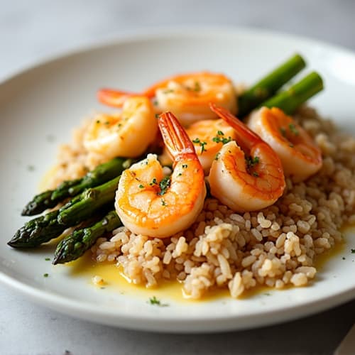 Lemon Garlic Pan-Seared Shrimp with Brown Rice and Roasted Asparagus