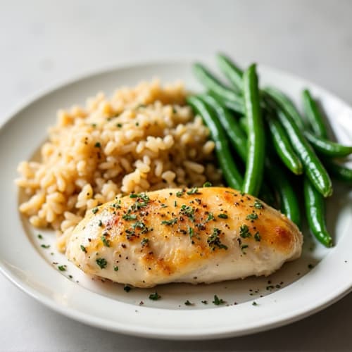Lemon Herb Chicken Breast with Steamed Green Beans and Brown Rice