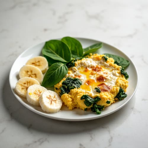 Egg White and Spinach Scramble with Cottage Cheese and Almond Butter-Banana Side