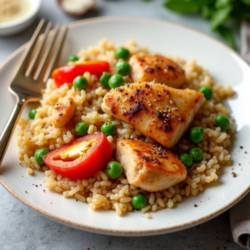 Lean Spiced Chicken and Rice Skillet with Peas and Bell Peppers