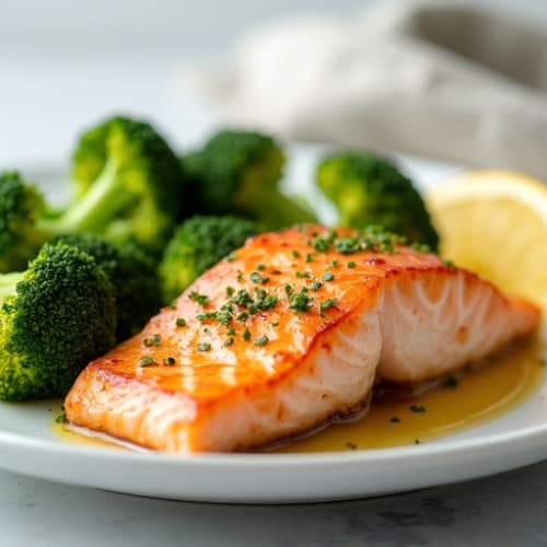 Lemon Garlic Pan Seared Salmon with Steamed Broccoli
