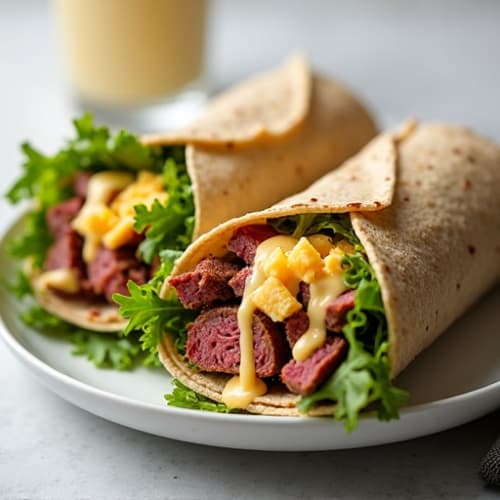 Lean Roast Beef Wraps with Fresh Greens and Creamy Cheddar Sauce