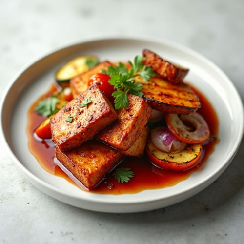 Crispy Glazed BBQ Tofu with Charred Vegetables